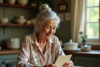 Grand-mère lisant un poème manuscrit pour la fête des grands-mères dans une cuisine rustique française