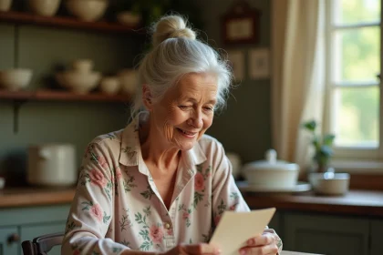 Grand-mère lisant un poème manuscrit pour la fête des grands-mères dans une cuisine rustique française