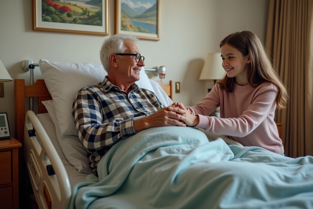 Granddaughter souriante avec son grand-père dans sa chambre