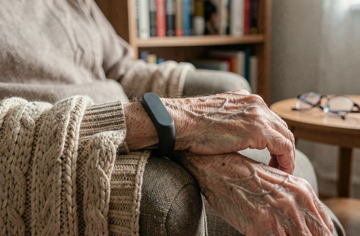 Gros plan d'un bracelet anti-chute discret et sans abonnement porté par une personne âgée dans un salon
