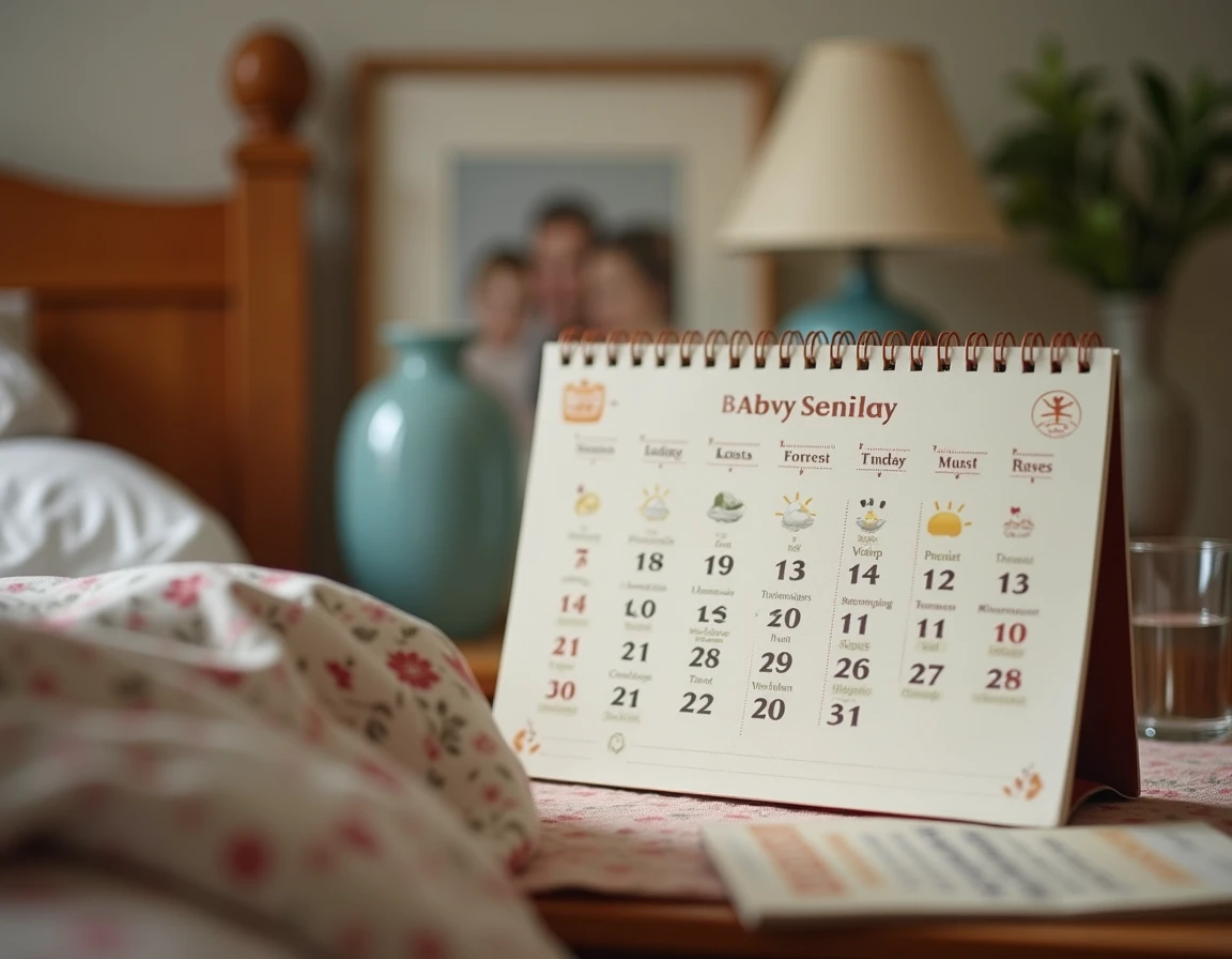 Gros plan sur un calendrier d'orientation grand format posé sur une table de nuit dans la chambre d'une personne âgée