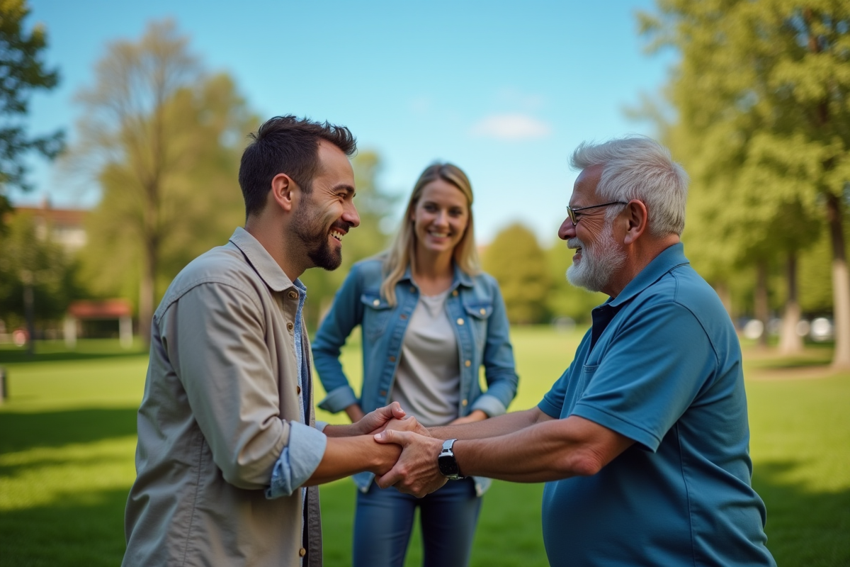 Groupe divers aidant un senior dans un parc en plein air