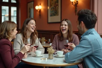 Groupe d'adultes parisiens partageant un moment convivial autour d'un café dans un bistrot pour illustrer la création de nouveaux liens d'amitié via Quintonic Paris