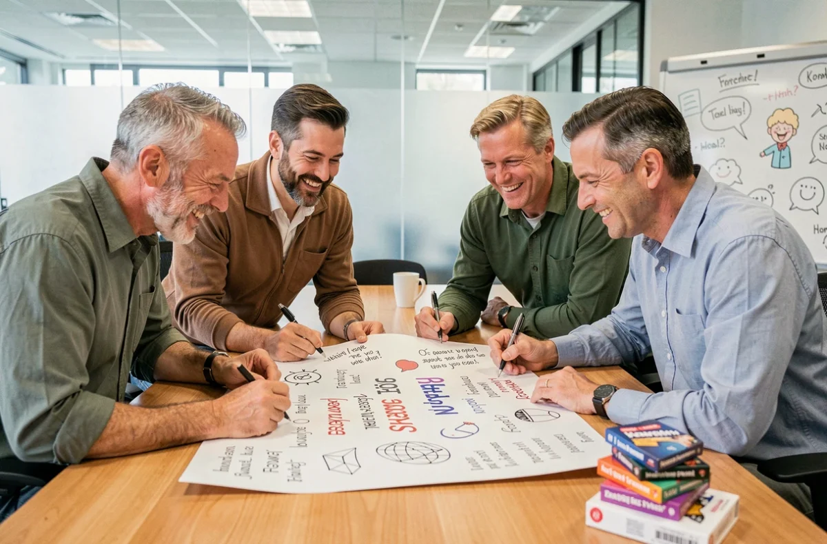 Groupe de collègues signant une grande carte de départ en retraite humoristique dans une salle de réunion moderne