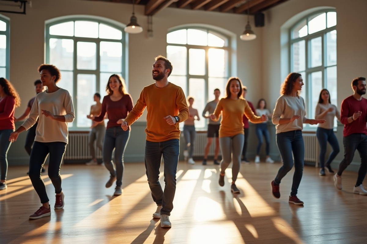 Groupe divers apprenant la danse en studio lumineux