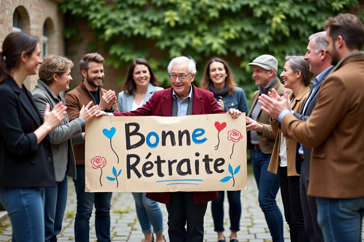 Groupe de collègues tenant une banderole Bonne Retraite dans une cour extérieure lors d'une fête de départ