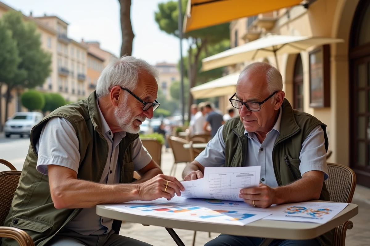 Homme et son père discutant à un café à Nîmes