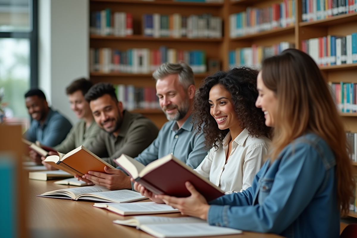 Groupe diversifié lisant dans une bibliothèque moderne