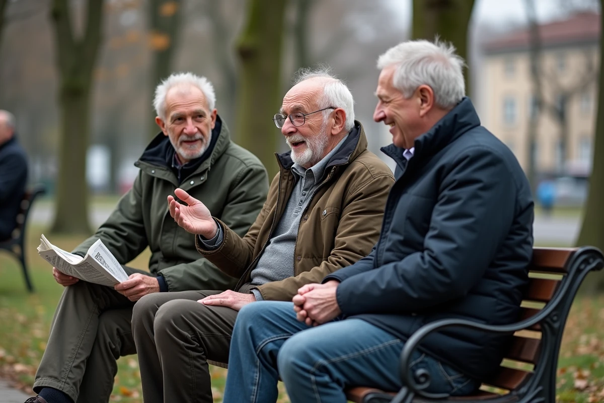 Groupe de retraités européens discutant sur un banc de parc dans une capitale d'Europe du Nord