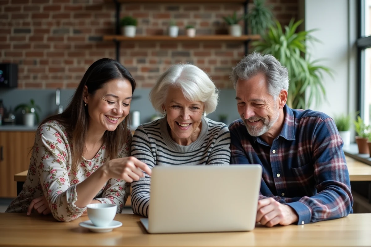 Groupe de seniors découvrant ensemble les nouvelles fonctionnalités d'un site de rencontre sur ordinateur portable