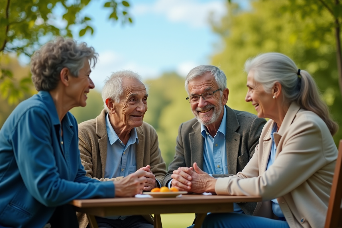 Groupe de seniors discutant dans un parc en plein air ensoleille