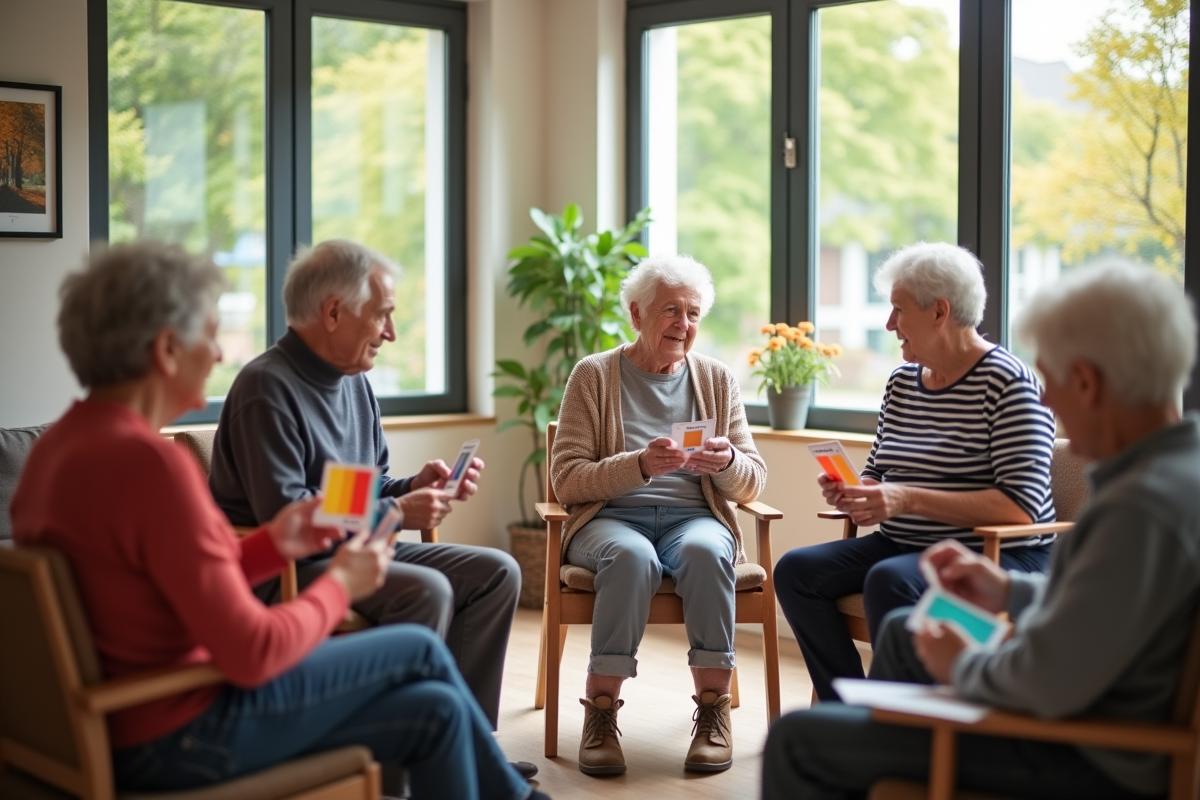 Groupe de seniors partageant des cartes de couleurs dans une salle lumineuse