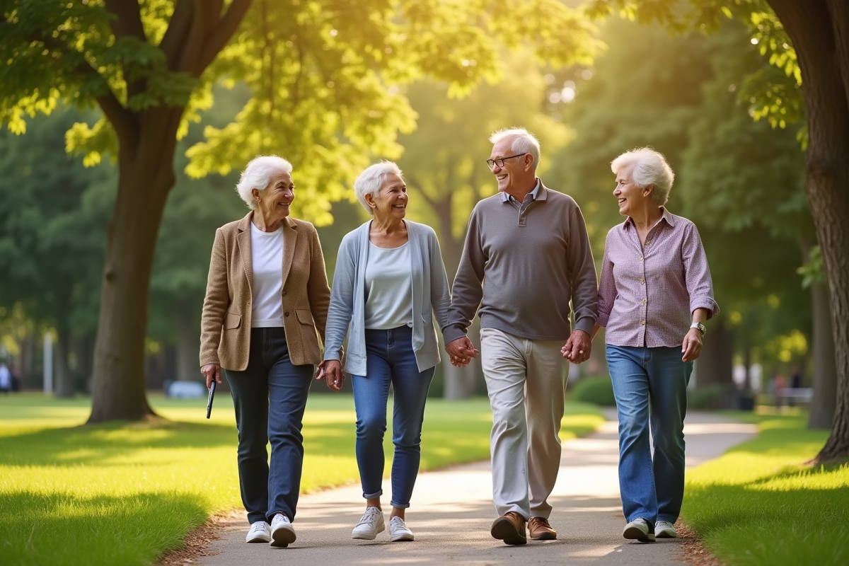 Groupe de seniors marchant dans un parc ensoleille avec sourires