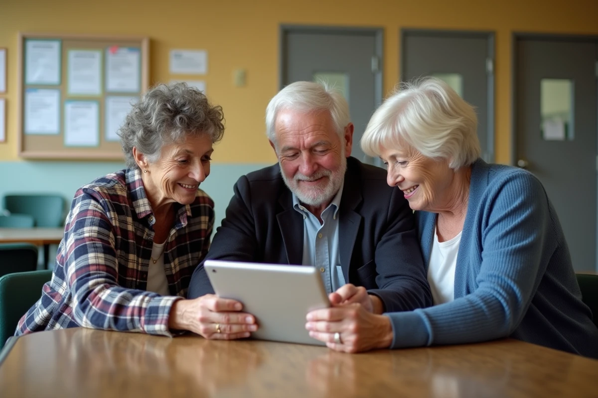 Groupe de seniors découvrant ensemble le site emploi senior pour trouver un travail après 60 ans