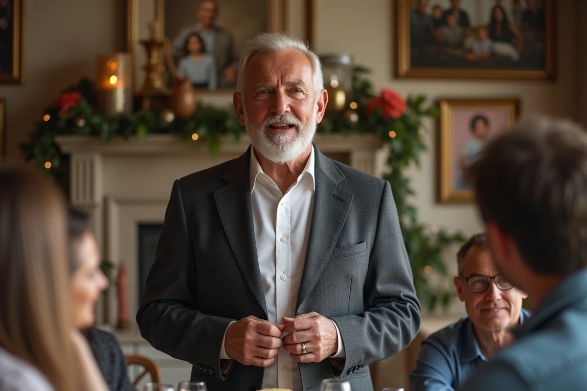 Homme de 70 ans prononçant un discours émouvant entouré de sa famille lors de son anniversaire