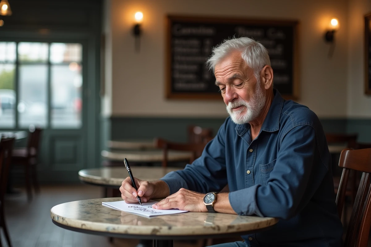 Homme septuagénaire écrivant un message d'anniversaire dans une carte dans un café parisien