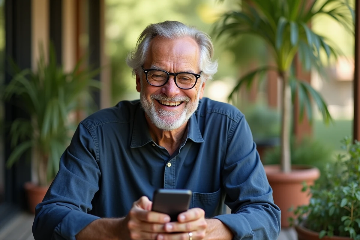 Homme de 70 ans souriant tenant un smartphone avec un message d'anniversaire humoristique sur une terrasse ensoleillée