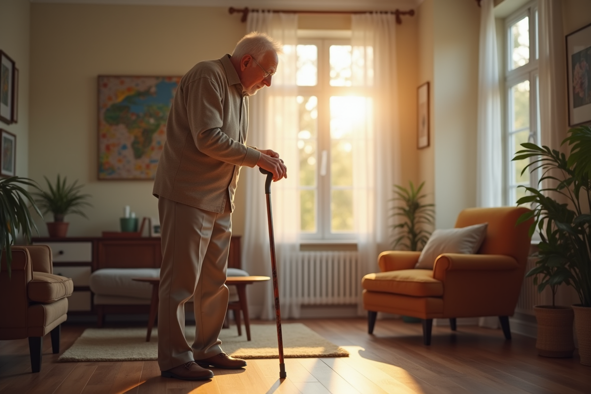 Homme age ajustant la hauteur d un baston de marche dans un salon