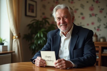 Homme de 70 ans souriant avec carte d'anniversaire