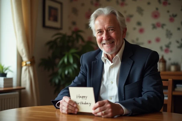 Homme de 70 ans souriant avec carte d'anniversaire