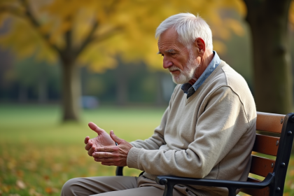 Homme âgé assis sur un banc en automne dans un parc