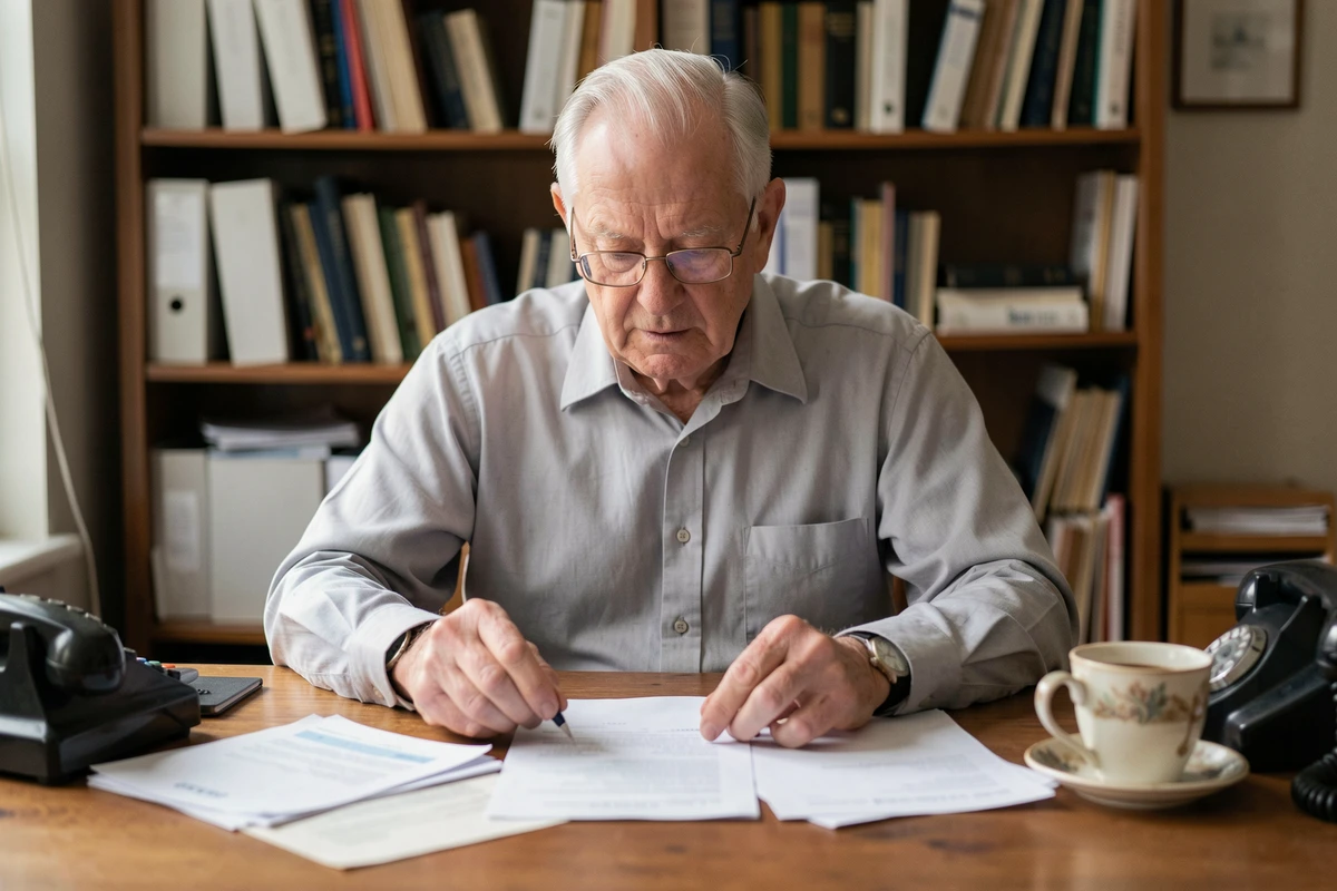 Homme âgé gérant ses documents administratifs à son bureau, activité clé de l'évaluation de l'autonomie fonctionnelle IADL