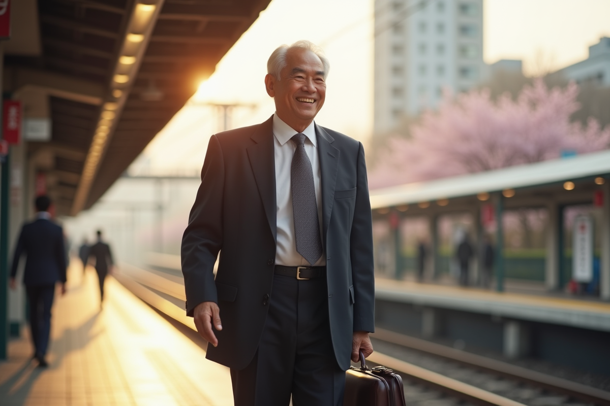 Homme âgé japonais souriant en costume à Tokyo avec cerisiers en fleurs