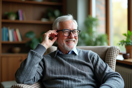 Homme agee ajustant une aide auditive dans un salon lumineux