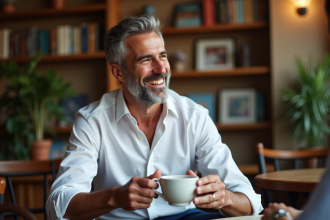Homme élégant en café avec sourire détendu