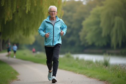 Homme de 75 ans courant au bord de la rivière