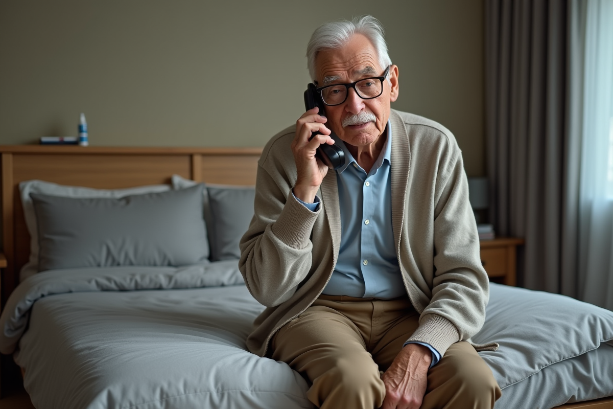 Homme âgé appelant les secours depuis sa chambre