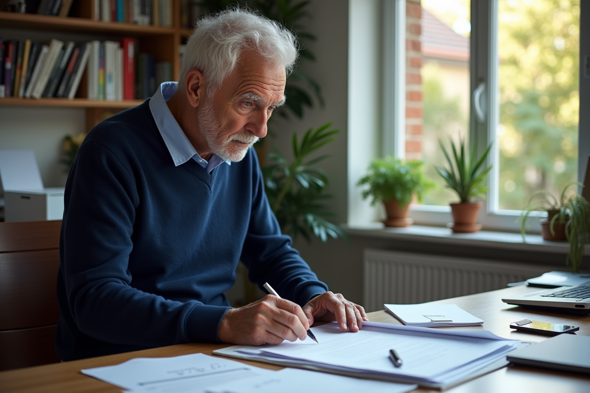 Homme âgé examinant des documents dans un bureau moderne