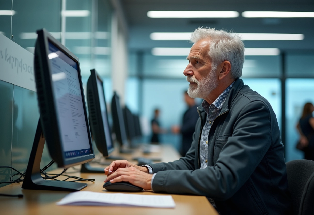 Homme remplissant des formulaires dans un centre administratif public