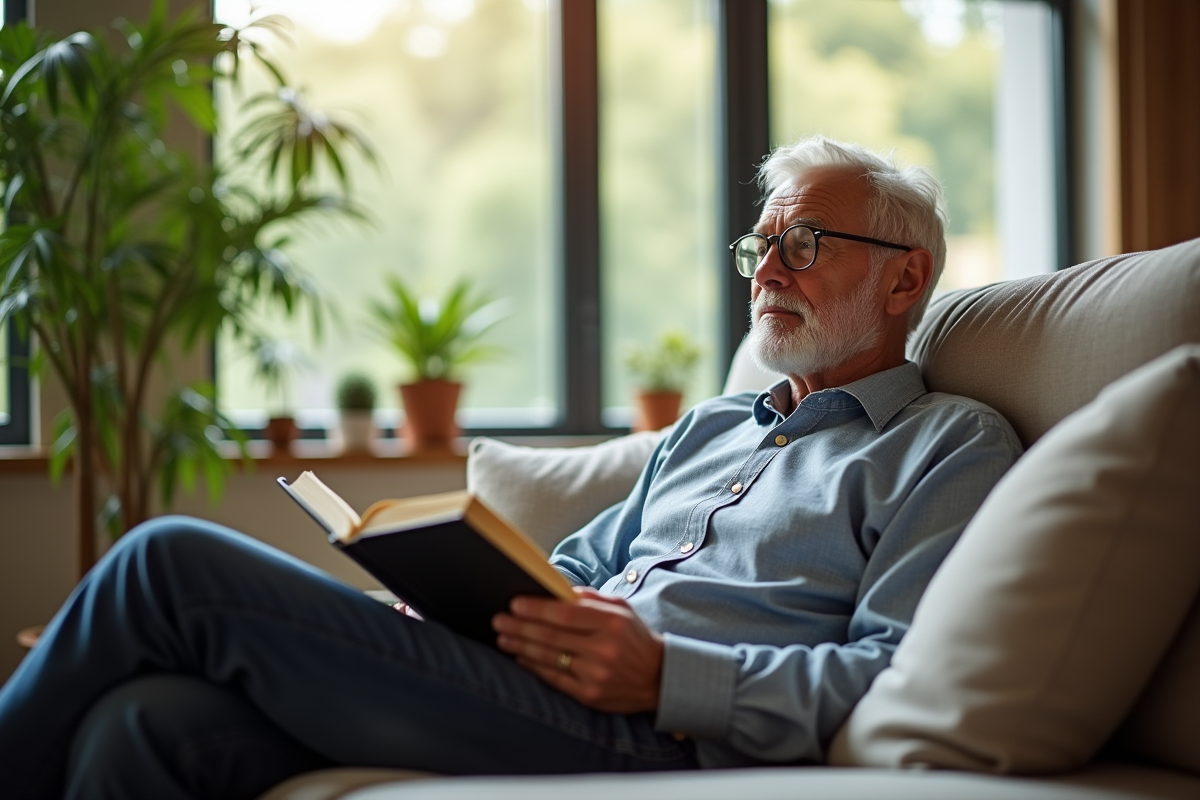 Senior détendu lisant un livre dans un salon lumineux