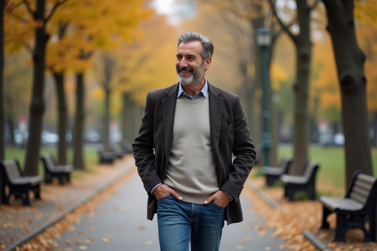 Homme confiant marche dans un parc automnal