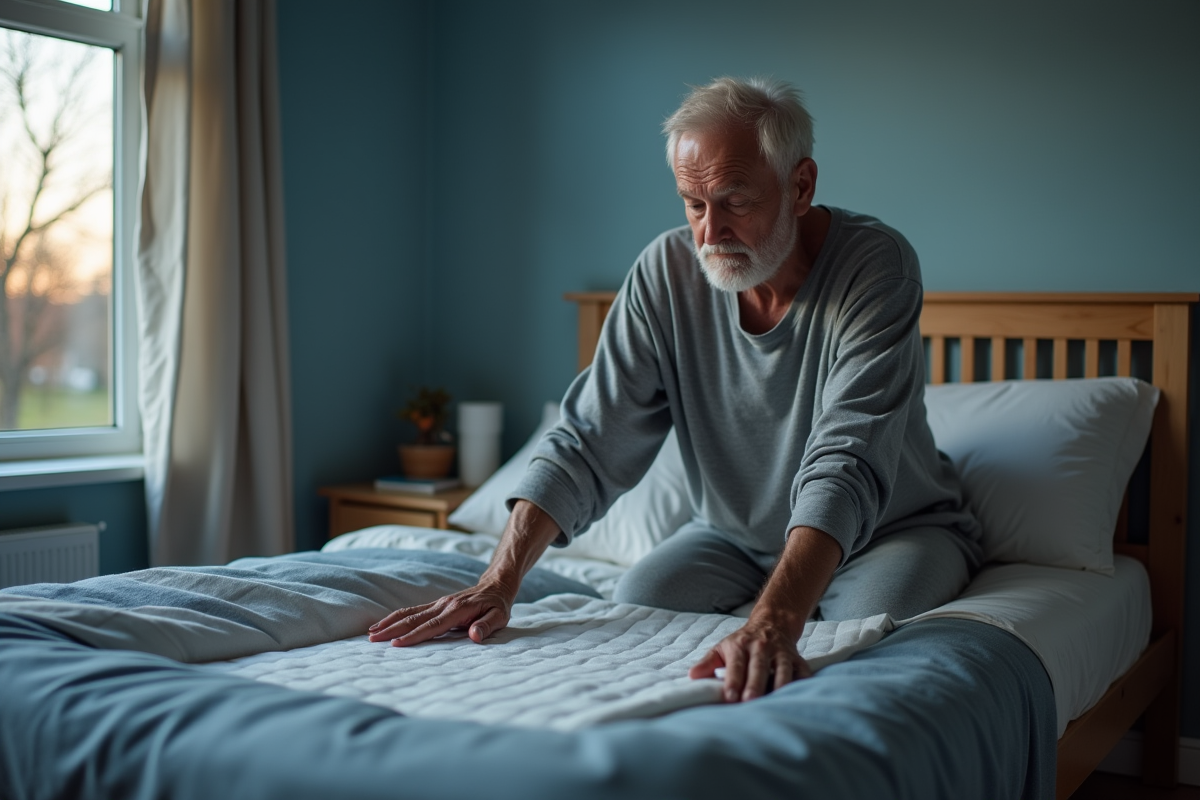 Homme en pyjama posant un tapis de protection sur son matelas