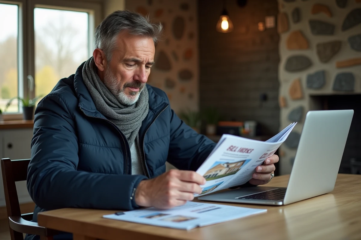 Homme comparant annonces immobilières à la maison