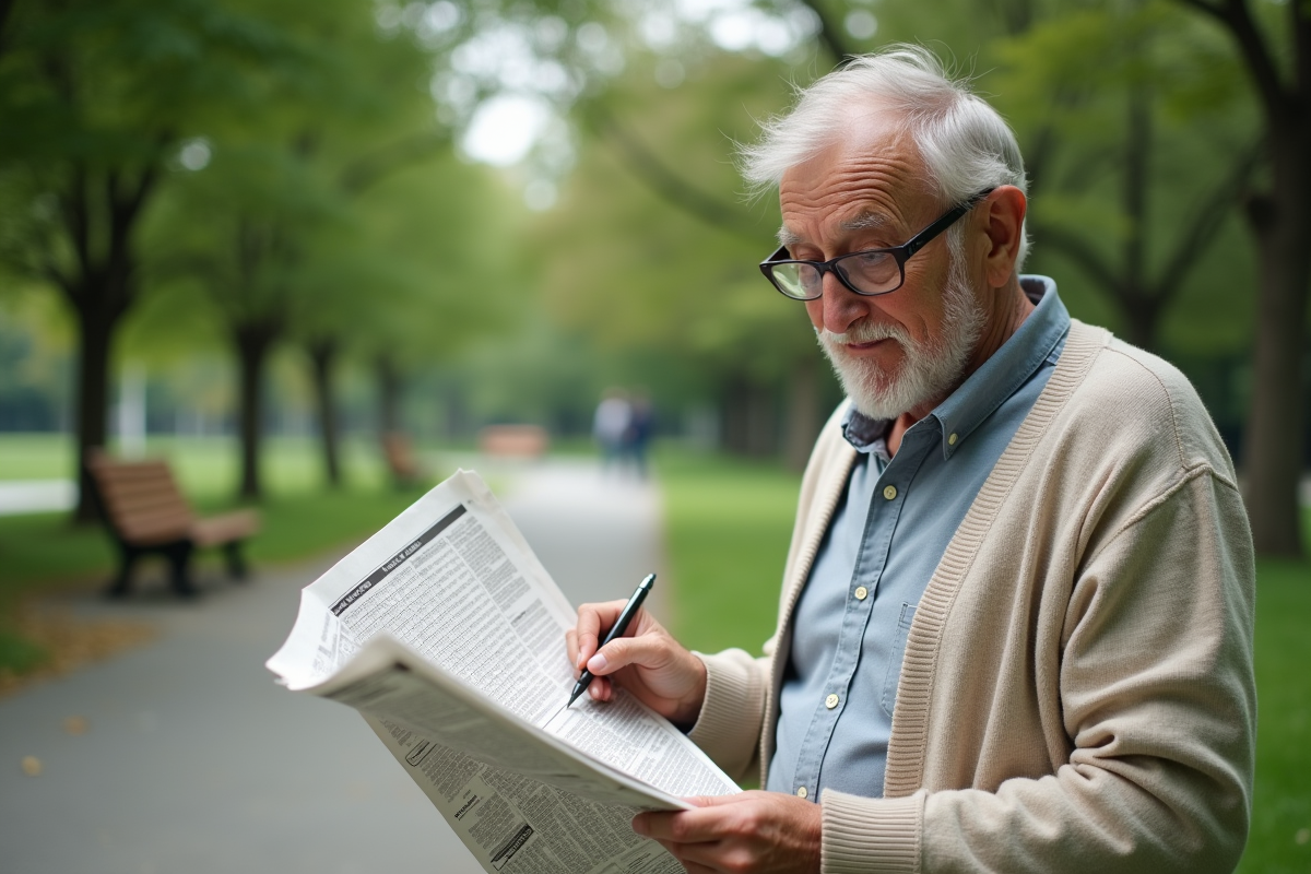 Homme âgé résolvant un mots croises dans un parc verdoyant