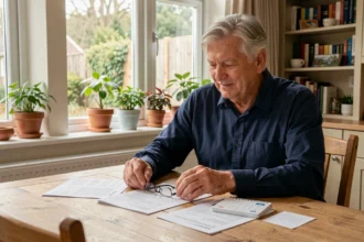 Homme de 58 ans consultant ses documents de retraite anticipée à domicile, trimestres et calendrier sur la table