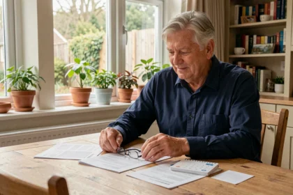 Homme de 58 ans consultant ses documents de retraite anticipée à domicile, trimestres et calendrier sur la table