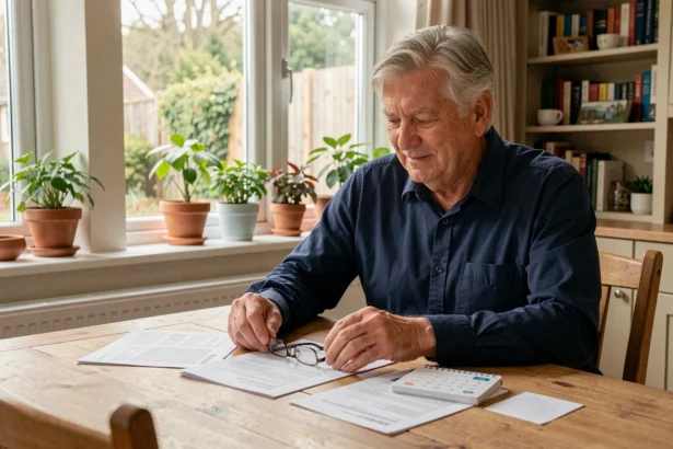 Homme de 58 ans consultant ses documents de retraite anticipée à domicile, trimestres et calendrier sur la table