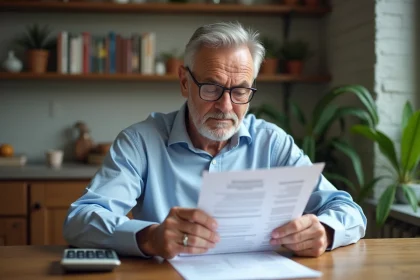 Homme d'&acirc;ge moyen examine une d&eacute;claration de pension &agrave; la maison