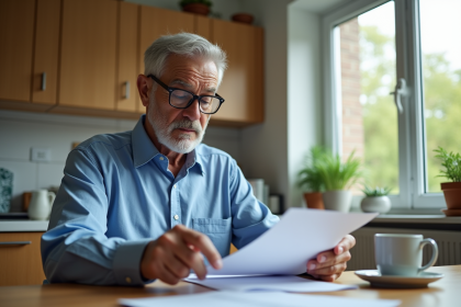 Homme retraité en train de lire des documents dans la cuisine