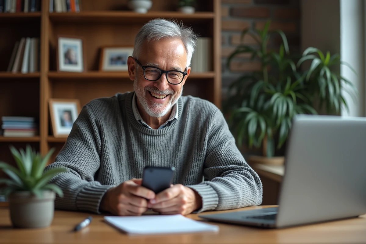 Homme retraité souriant en lisant un message humoristique sur smartphone dans un bureau à domicile