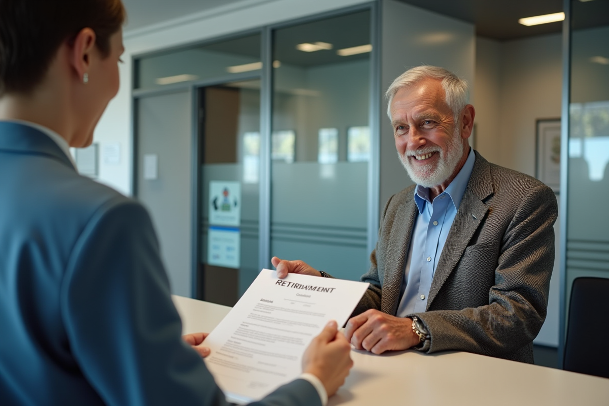 Homme senior remettant un certificat de retraite à un agent