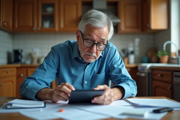 Homme d'âge moyen examinant des papiers de pension à la maison