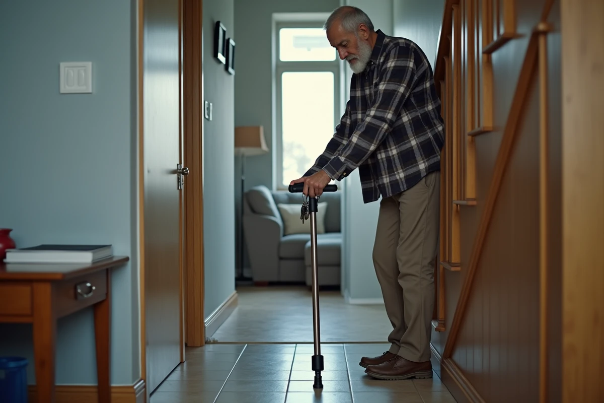 Homme senior avec aide à la montée d'escalier portable dans un appartement urbain