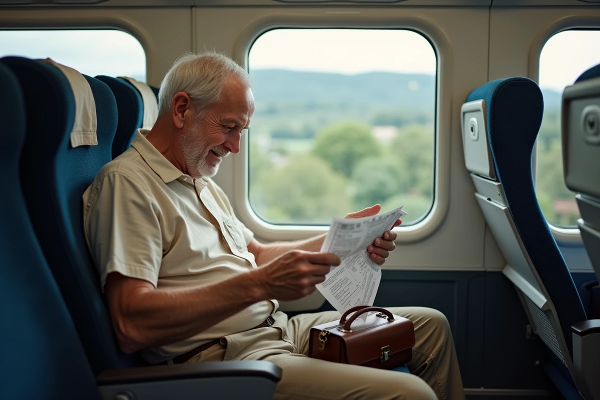 Un homme âgé satisfait consultant son billet de train à tarif réduit grâce à sa Carte Senior SNCF dans un compartiment