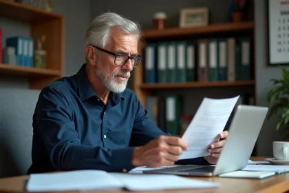 Homme de 55 ans consultant des documents sur sa carrière longue et ses droits au chômage en 2026 dans un bureau à domicile
