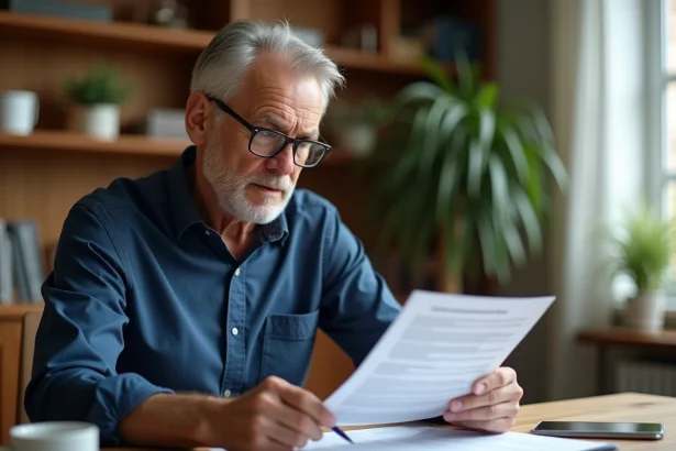 Homme de 58 ans examinant ses documents de retraite à son bureau à domicile, planifiant sa carrière longue avant 60 ans